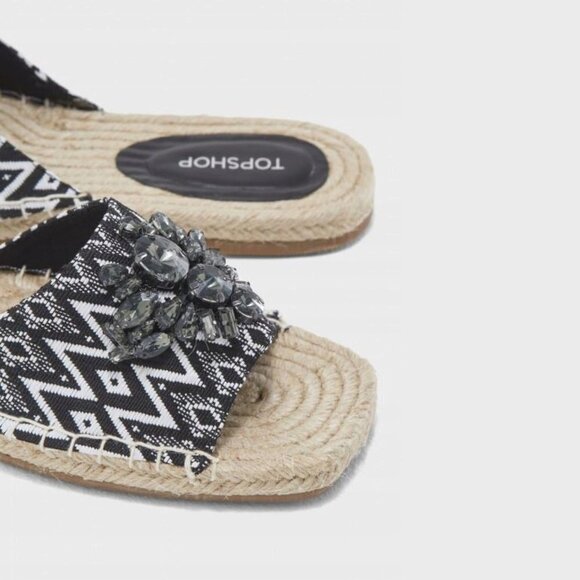 NWT Topshop black & white textile smoked crystal bejewelled flat slide sandals - Picture 5 of 12